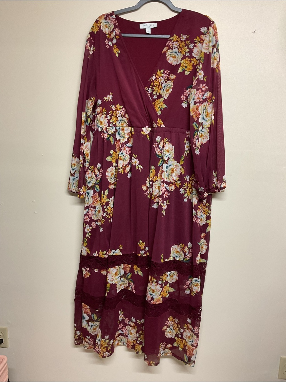 Long Sleeve Floral Maxi Dress in Burgundy